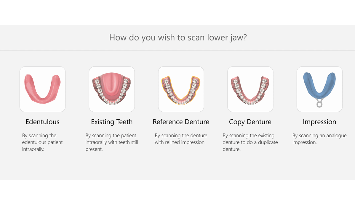 Alt text: The 3 options for taking digital impressions for dentures with TRIOS